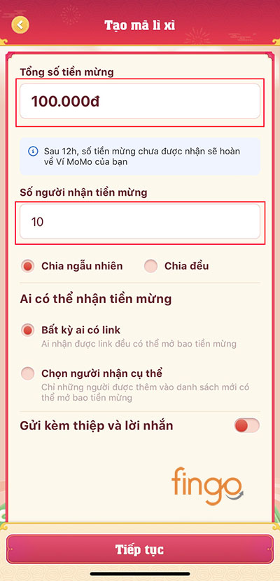 
Nhập số tiền và số người nhận tiền lì xì