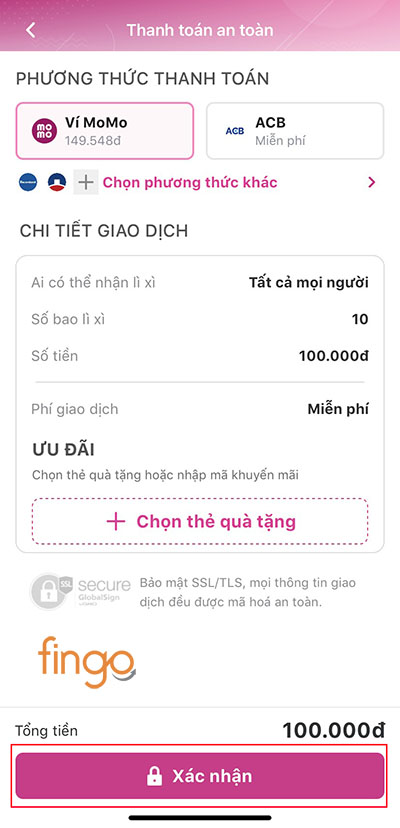 Kiểm tra và bấm Xác nhận để lấy link lì xì