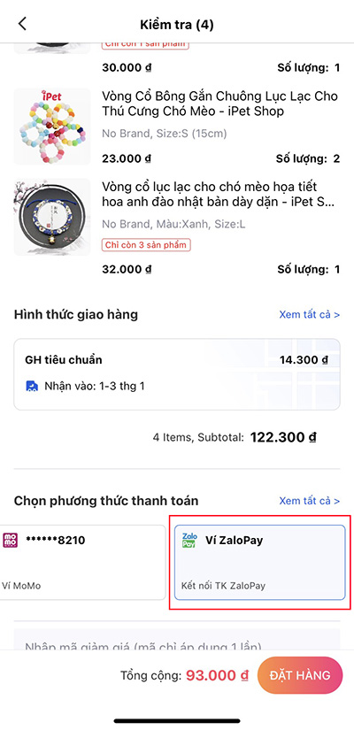 Chọn phương thức thanh toán bằng ZaloPay