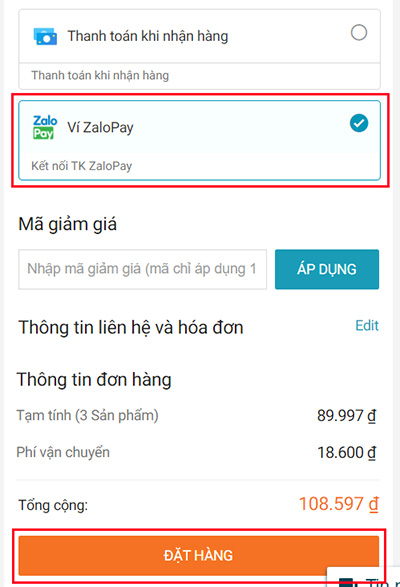 Chọn phương thức thanh toán là Ví Zalo và bấm "Đặt hàng"