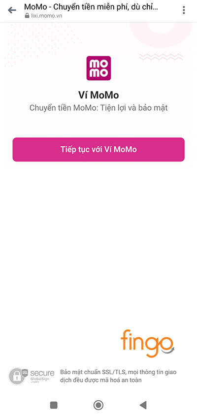 Bấm Tiếp tục để vào Ví MoMo
