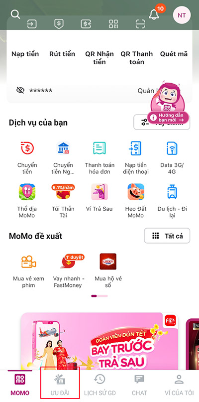 Bấm vào mục Ưu đãi