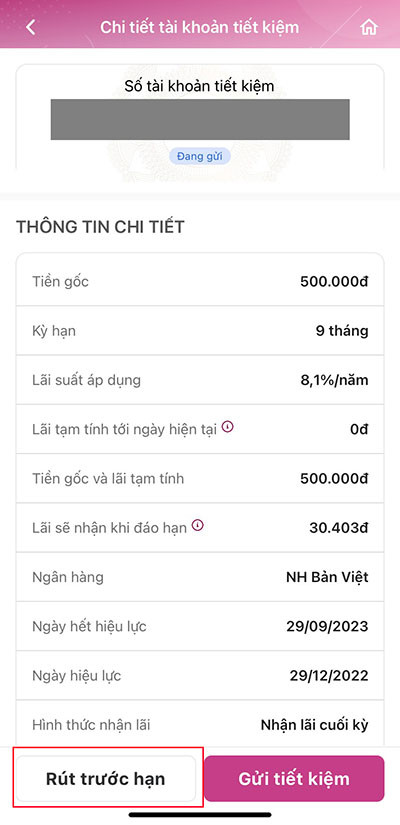 Nhấn chọn Rút trước hạn
