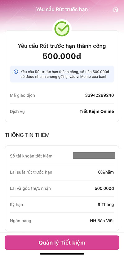 Rút tiền gửi tiết kiệm MoMo thành công