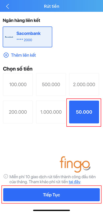Nhấn Tiếp tục sau khi chọn số tiền muốn rút về ngân hàng