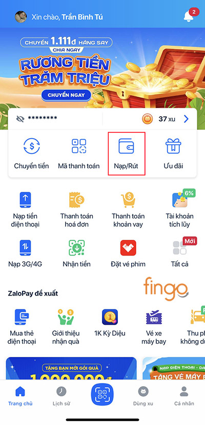 Chọn tính năng Nạp/Rút