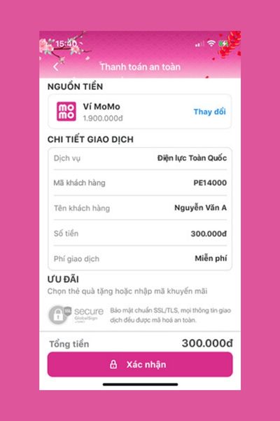 Bấm Xác nhận để hoàn tất thanh toán