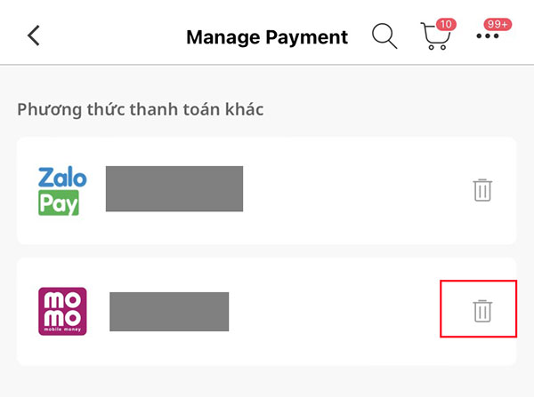 Nhấn vào biểu tượng thùng rác bên cạnh logo Ví MoMo
