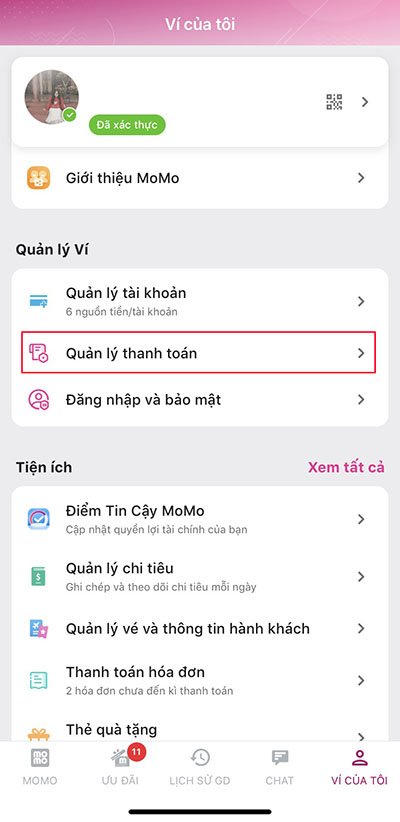 Chọn Quản lý thanh toán