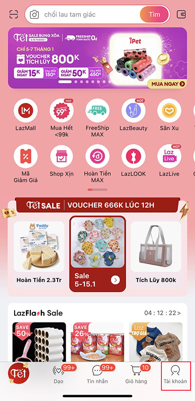 Ở giao diện màn hình chính, chọn Tài khoản