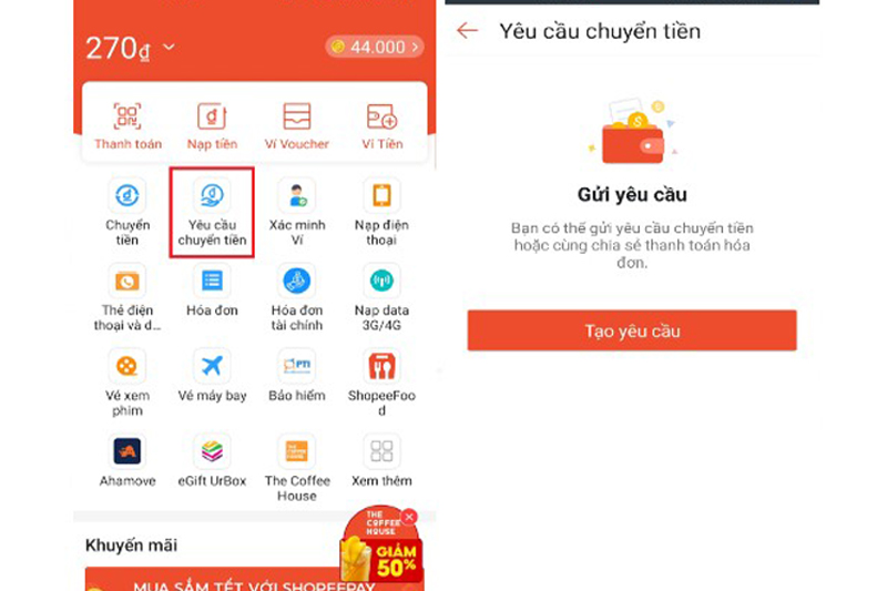 Nhấn chọn tạo yêu cầu chuyển tiền