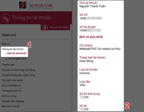 Nhấn chọn " Vấn tin tài khoản" để có thể xem biến động sô dư tài khoản