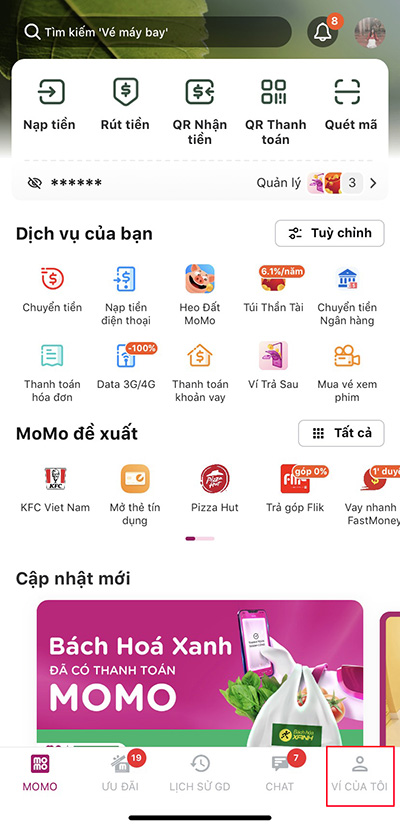 Bấm vào mục Ví của tôi