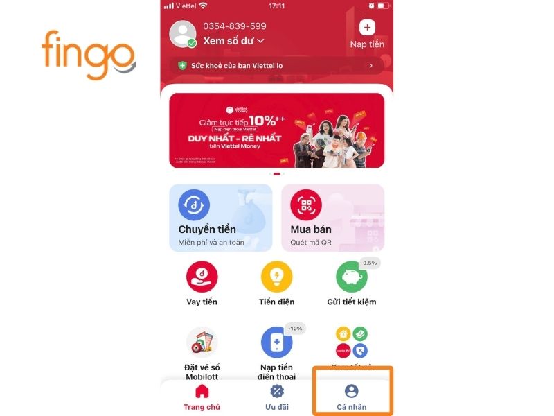 Chọn "Cá nhân" trên ứng dụng Viettel Money