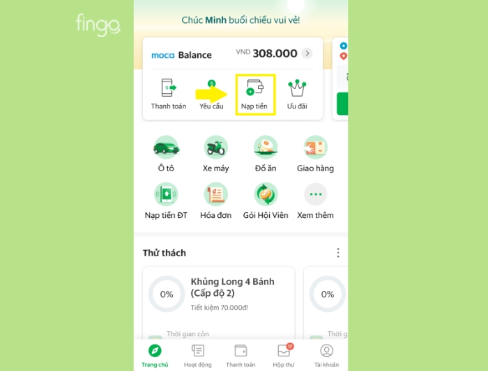 Chọn nạp tiền trên ứng dụng Grab