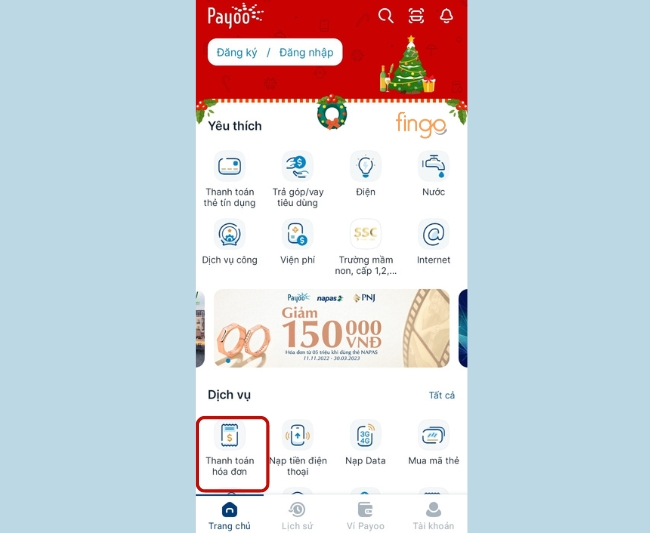 Đăng nhập chọn Thanh toán hóa đơn