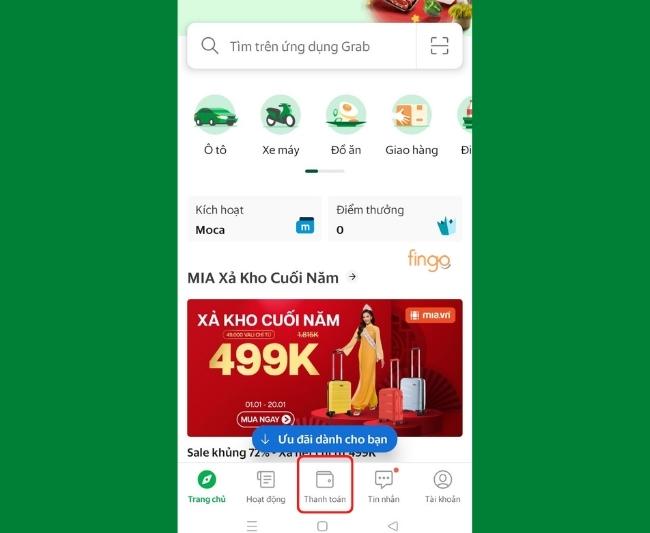 Chọn thanh toán trên ứng dụng Grab