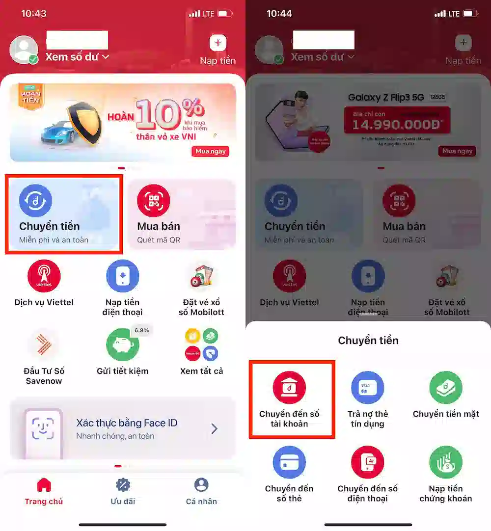 Chuyển tiền Viettel Money đến số tài khoản ngân hàng