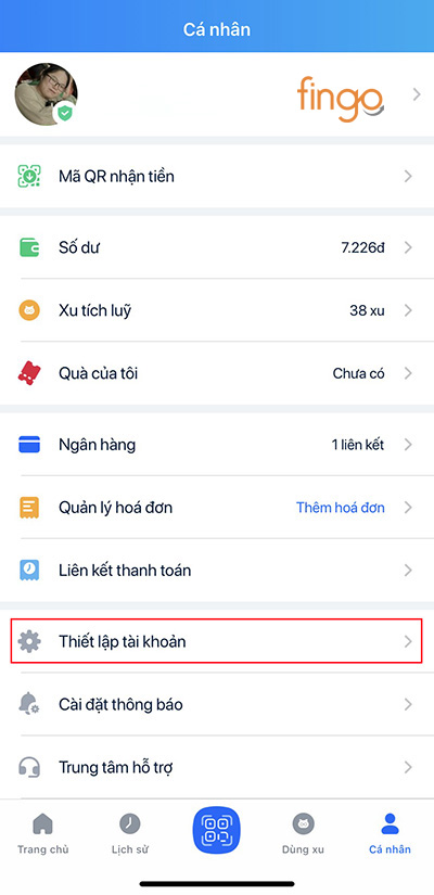 Chọn Thiết lập tài khoản