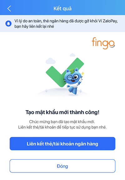 Hoàn tất lấy lại mật khẩu khi quên mật khẩu ZaloPay