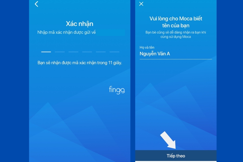 Nhập mã xác nhận OTP và họ tên