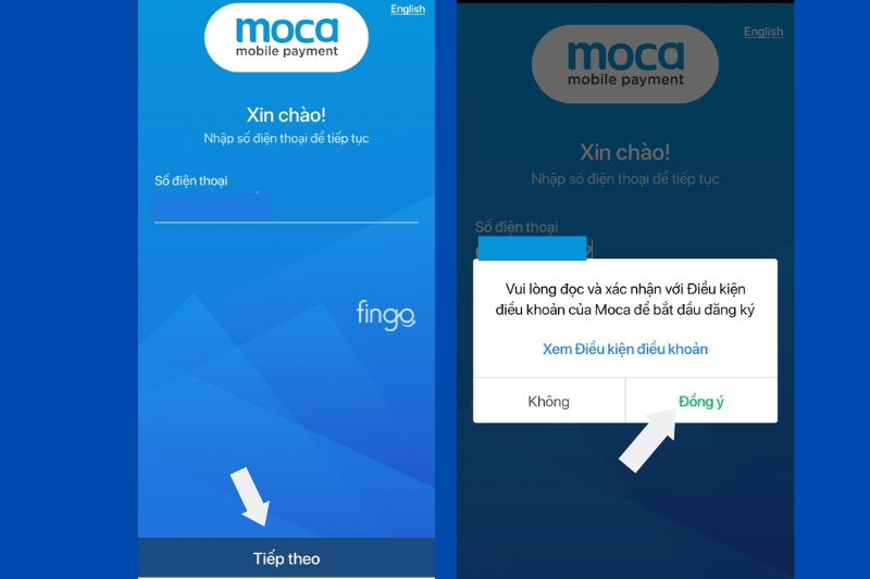 Nhập số điện thoại để đăng ký tài khoản Moca