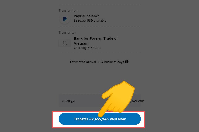 Nhập số tiền cần rút từ Paypal về ngân hàng