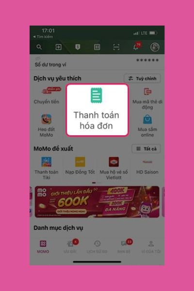 Chọn Thanh toán hóa đơn