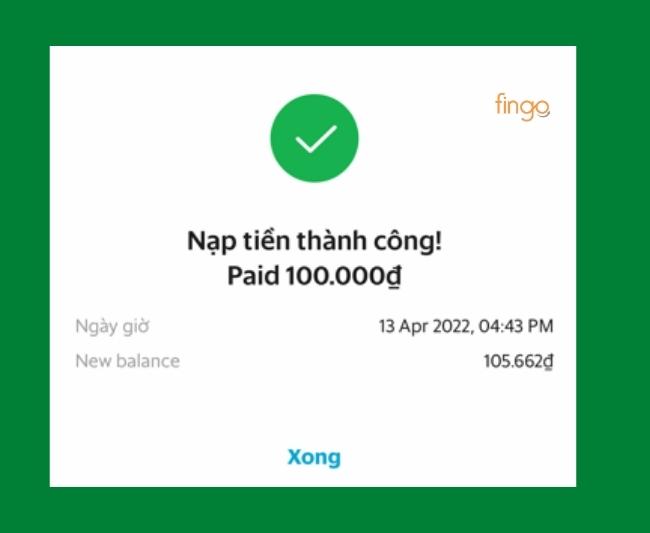 Nhận thông báo nạp tiền thành công