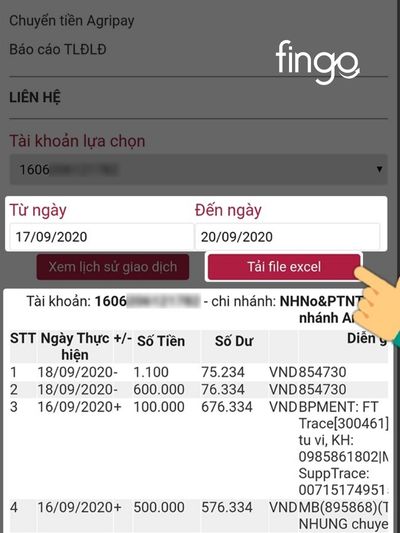 Nhấn "tải file excel" để xem toàn bộ lịch sử giao dịch