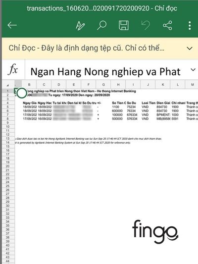 File excel hiển thị lịch sử giao dịch mà bạn muốn xem