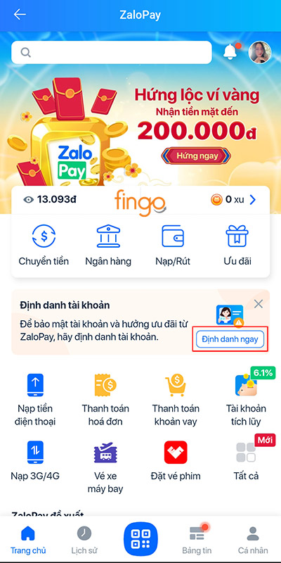 Chọn Định danh ngay để định danh ZaloPay