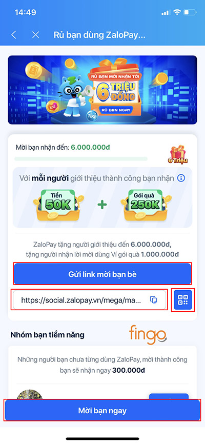 Gửi link mời bạn bè sử dụng Zalo Pay