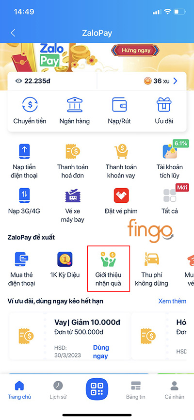 Chọn tính năng Giới thiệu nhận quà