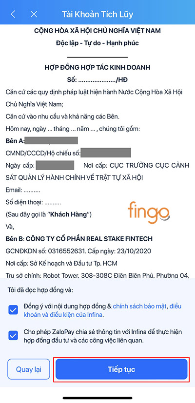 Đọc và kiểm tra hợp đồng, nhấn Tiếp tục