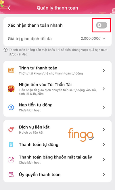 Gạt nút Thanh toán nhanh
