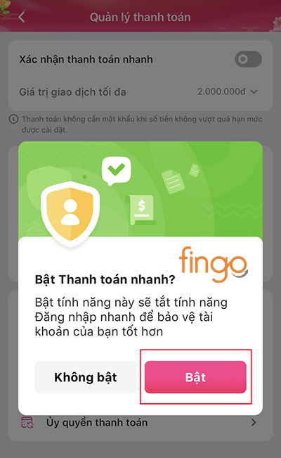 Xác nhận bật tính năng Thanh toán nhanh