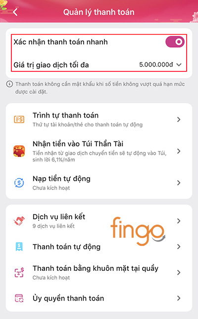 Thay đổi hạn mức thanh toán nhanh thành công
