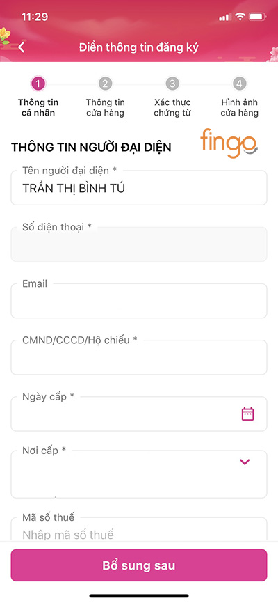 Điền thông tin người đại diện kinh doanh