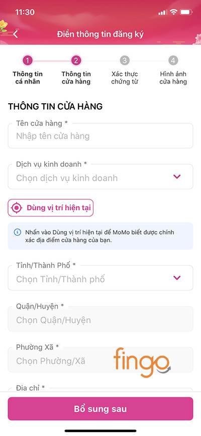 Điền thông tin về cửa hàng kinh doanh