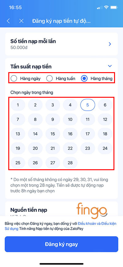 Chọn tần suất nạp tiền