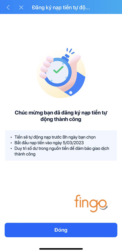 Đăng ký nạp tiền tự động thành công