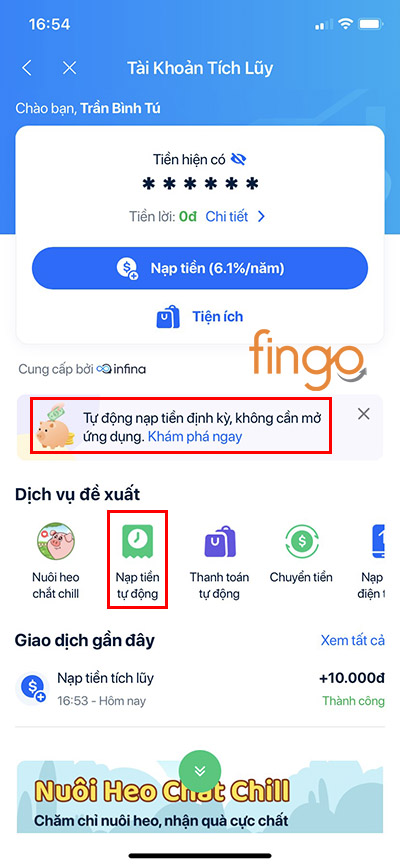 Chọn mục Nạp tiền tự động