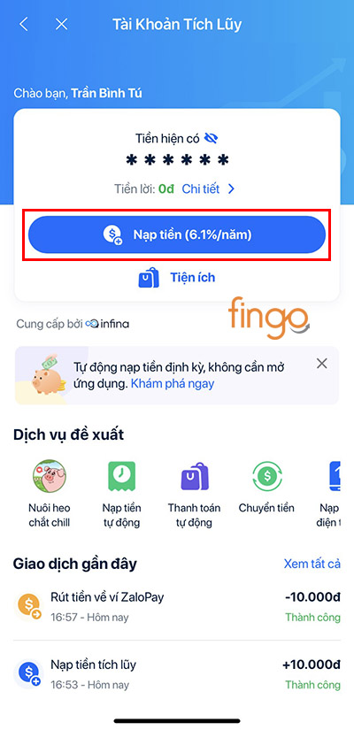 Vào Tài khoản Tích Lũy và chọn Nạp tiền