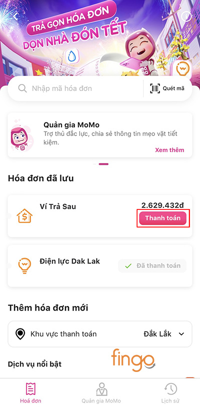 Bấm nút thanh toán cho hóa đơn Ví Trả Sau MoMo
