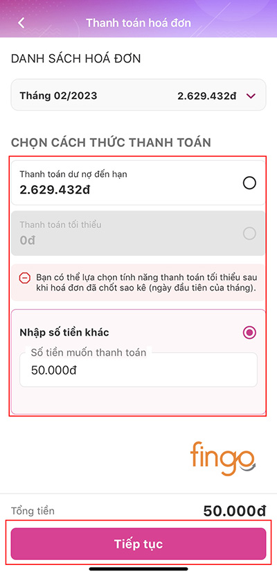 Chọn hình thức thanh toán hóa đơn