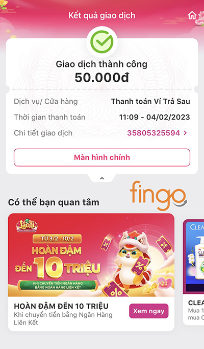 Thanh toán dư nợ Ví Trả Sau MoMo thành công