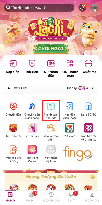 Chọn Thanh toán hóa đơn