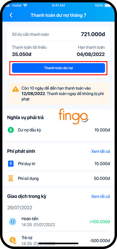 Chọn Thanh toán dư nợ