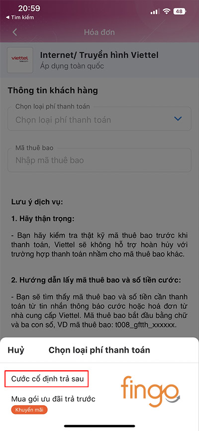 Chọn phí thanh toán Cước cố định trả sau